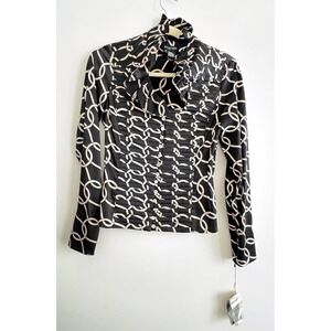 NEW Etcetera Silk Blend Blouse Size 0 Black‎ Chain Print Pleated Ruffle Top